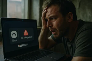 Messenger Max bajo escrutinio: Kaspersky detecta accesos no autorizados a cámaras web Hombre preocupado frente a una laptop con advertencia de seguridad.