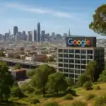 Вигляд на будівлю Google з зеленими насадженнями та міським пейзажем на фоні.