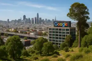 Google внедрит обязательную верификацию разработчиков Android-приложений для усиления безопасности Здание Google на фоне горизонта города с зелеными деревьями.