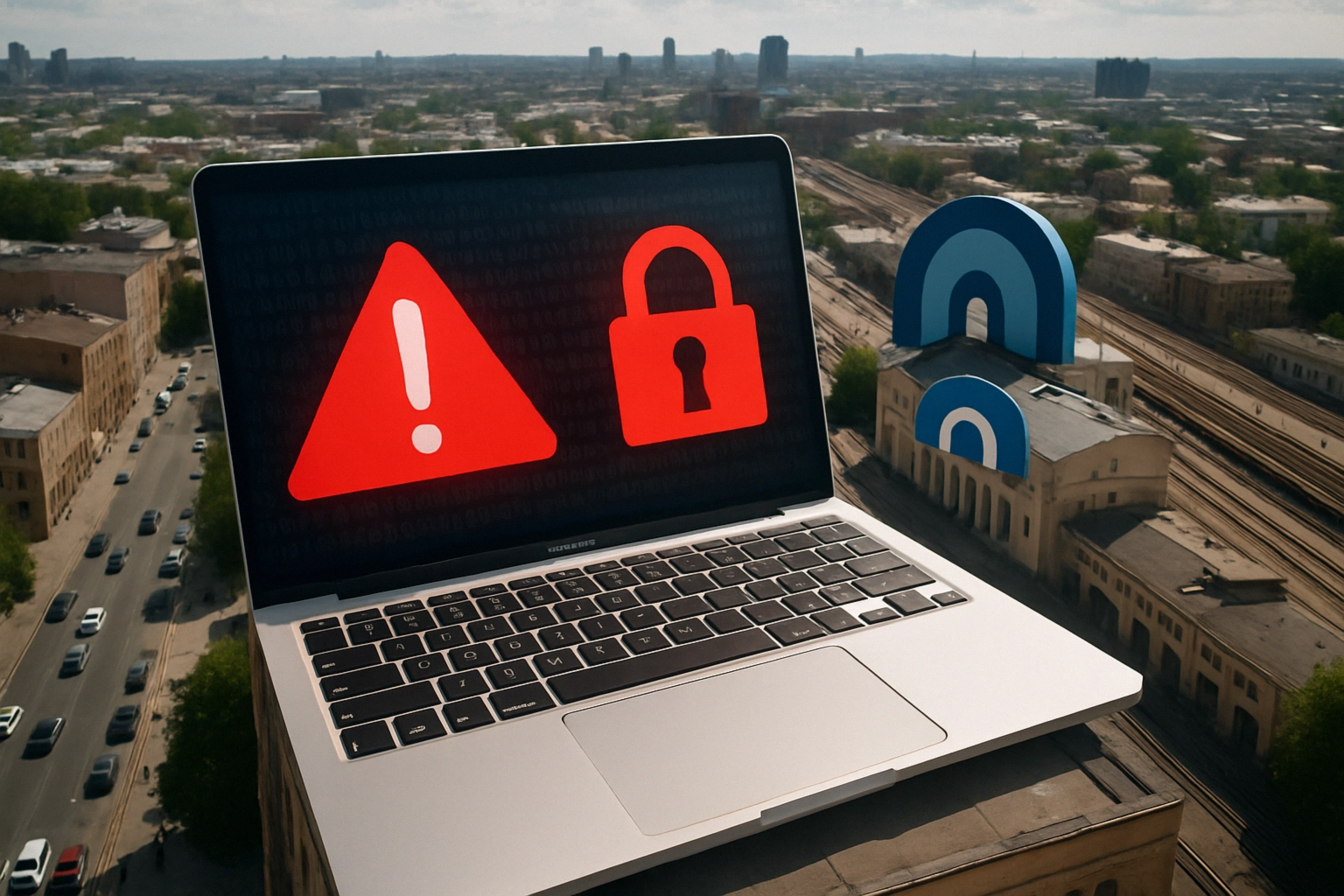 Виявлено критичну вразливість у VPN-клієнті Tunnelblick: мільйони користувачів macOS під загрозою Ноутбук з червоними іконками безпеки на фоні міського пейзажу.
