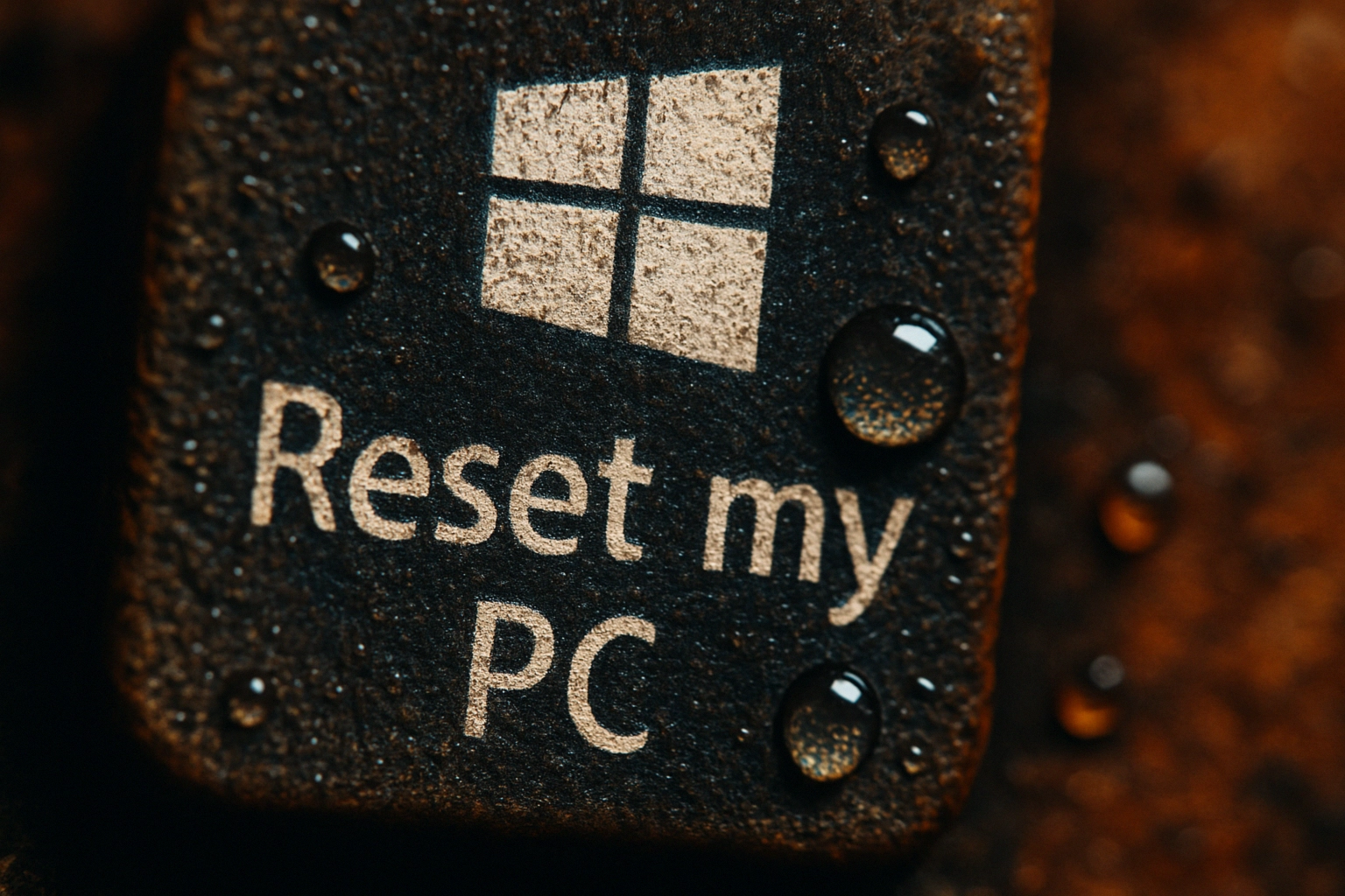 Fallas críticas en sistemas de restauración tras actualizaciones de seguridad de Microsoft Tecla de computadora con texto "Reset my PC" y gotas de agua.