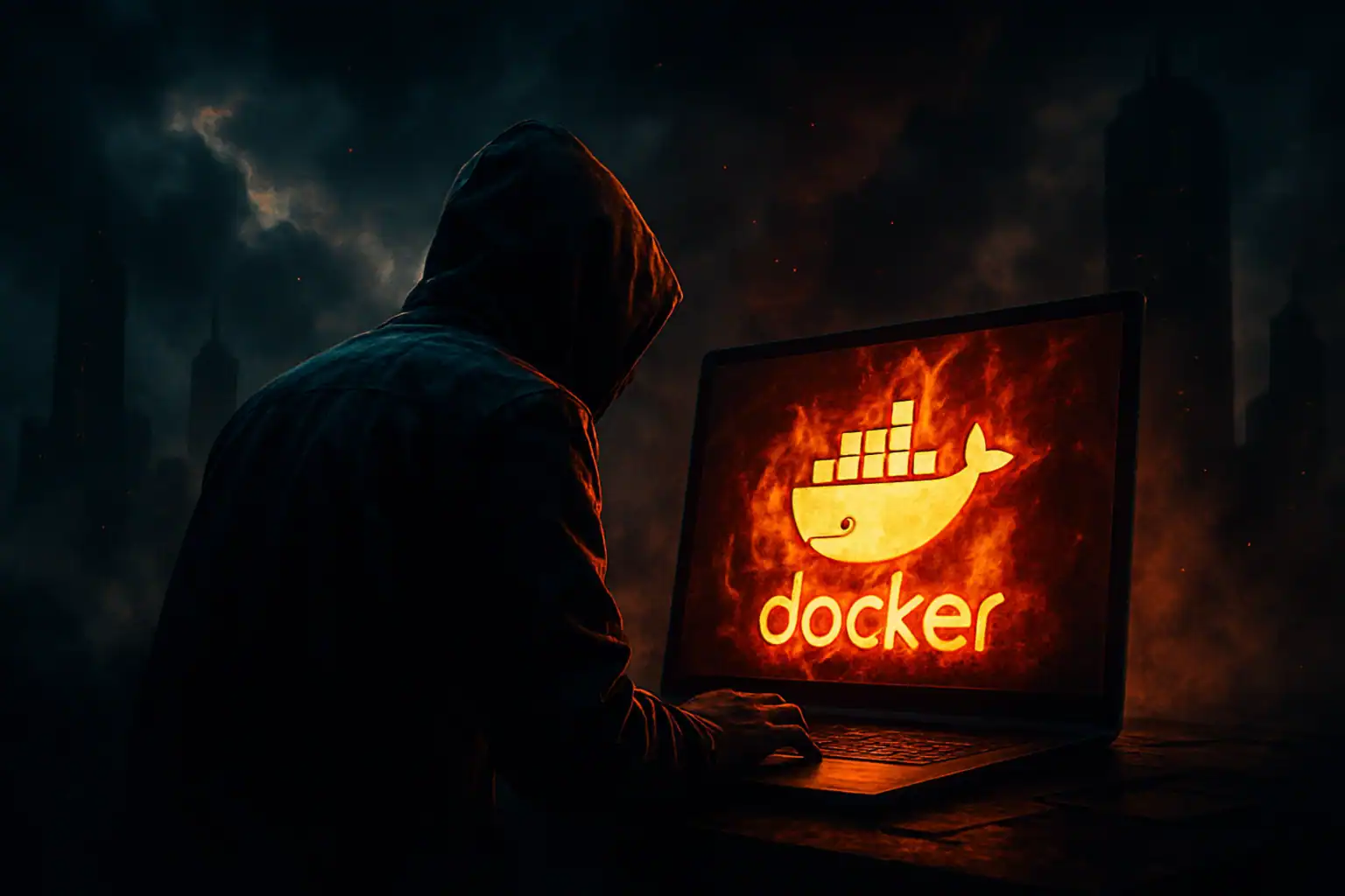 Хакер за ноутбуком с логотипом Docker на фоне тёмного неба.