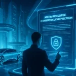 Person in futuristischer Umgebung interagiert mit holografischem Bildschirm.