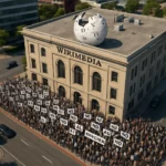 Multitud de personas protestando frente al edificio de Wirimedia.