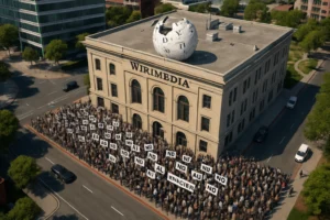 Wikipedia führt Schnellverfahren gegen KI-generierte Inhalte ein: Neue Ära der Content-Sicherheit Menschenmenge protestiert vor einem Gebäude mit einem beschädigten Globus.