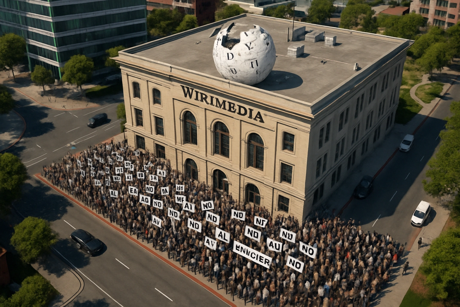 Массовая демонстрация перед зданием Wirimedia с плакатами и треснувшим глобусом.