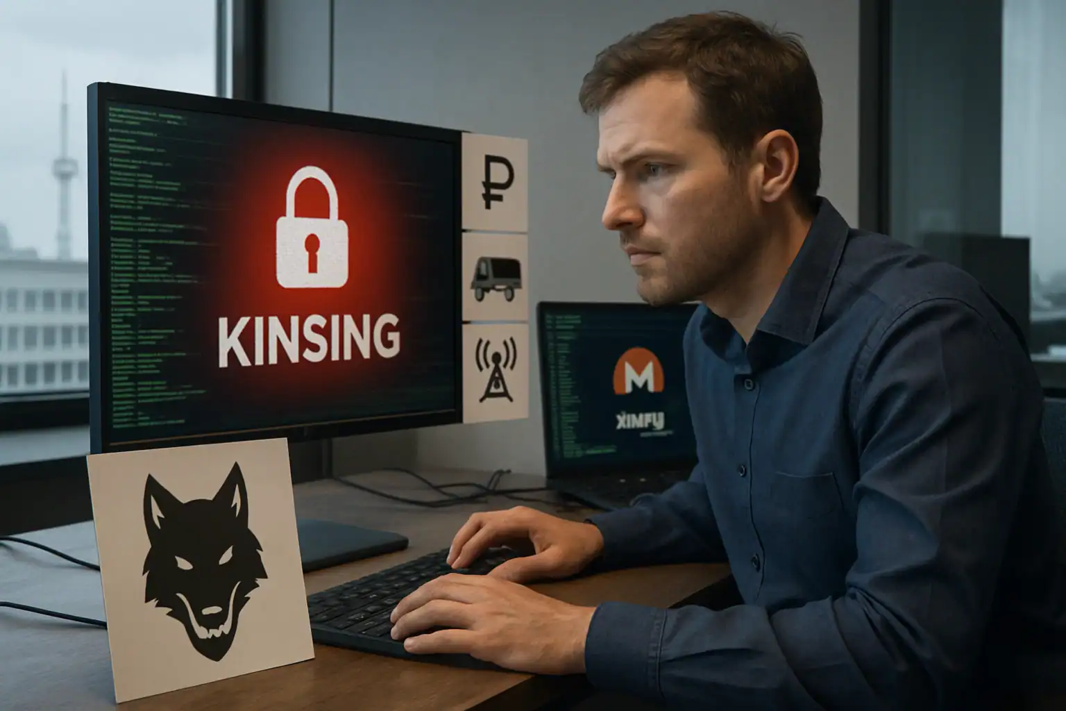 Kinsing Cryptojacking Group Targets Russian Enterprises in Major Campaign Shift A focused man at a computer, monitoring cybersecurity alerts in a modern office.