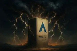 Arch Linux Under Sustained DDoS Attack: Critical Infrastructure Compromised Since August 16 Metallic computer tower surrounded by dark clouds and lightning strikes.