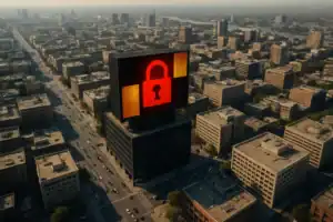 PromptLock: Erste KI-gestützte Ransomware revolutioniert Cyberbedrohungen Rote Sicherheitsanzeige auf einem modernen Hochhaus in einer urbanen Landschaft.