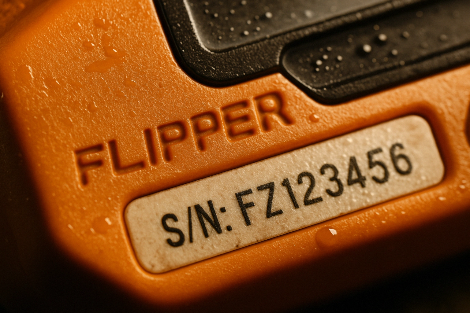 Flipper Zero: Análisis de las supuestas vulnerabilidades en sistemas automotrices modernos Detalle de un dispositivo naranja con la palabra "FLIPPER" y número de serie visible.
