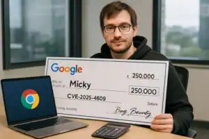 Чоловік тримає великий чек від Google на 250,000 доларів у офісі.