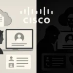 Split-screen illustration of cybersecurity themes in light and dark tones.