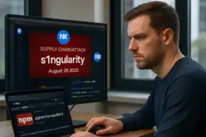 AI-Powered s1ngularity Attack Compromises NX Build Platform: Supply Chain Security Breach Analysis Man focused on computer screens displaying cybersecurity information.