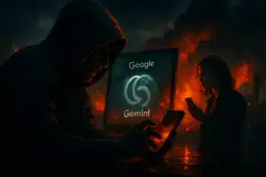 Critical Security Flaw in Google Gemini AI Allowed Data Theft Through Calendar Invites Dark, atmospheric scene with a hooded figure using a laptop, flames in the background.