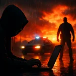 ** Hooded figure typing on a laptop in the rain, with a police officer silhouetted behind.