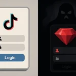 Драгированный экран входа в приложение с логотипом TikTok и иконой красного рубина.