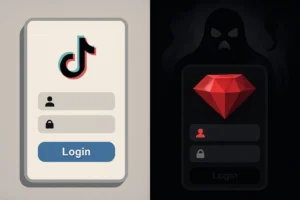 Масштабная атака на RubyGems: 60 вредоносных пакетов украли данные у 275 000 пользователей Драгированный экран входа в приложение с логотипом TikTok и иконой красного рубина.
