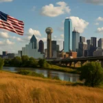 Amerikanische Flagge mit Blick auf die Skyline von Dallas und Wolkenhimmel.