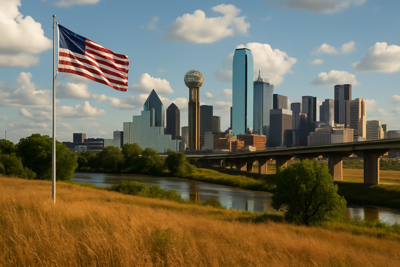 Autoridades Estadounidenses Desmantelan Red de Ransomware Zeppelin y Confiscan 2.8 Millones de Dólares Vista del horizonte de Dallas con una bandera estadounidense y un río cercano.