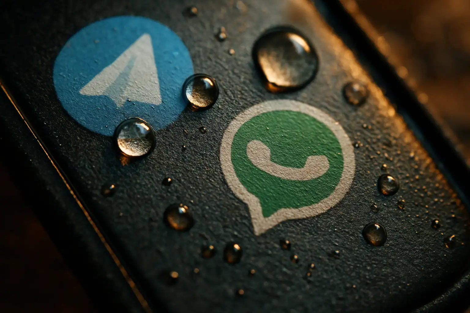 Russian Telecom Operators Implement Selective Blocking of Voice Features in Foreign Messaging Apps Water droplets on Telegram and WhatsApp logos against a dark background.