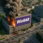 Großes Gebäude mit dem WinRAR-Logo brennt, dicker Rauch steigt auf.
