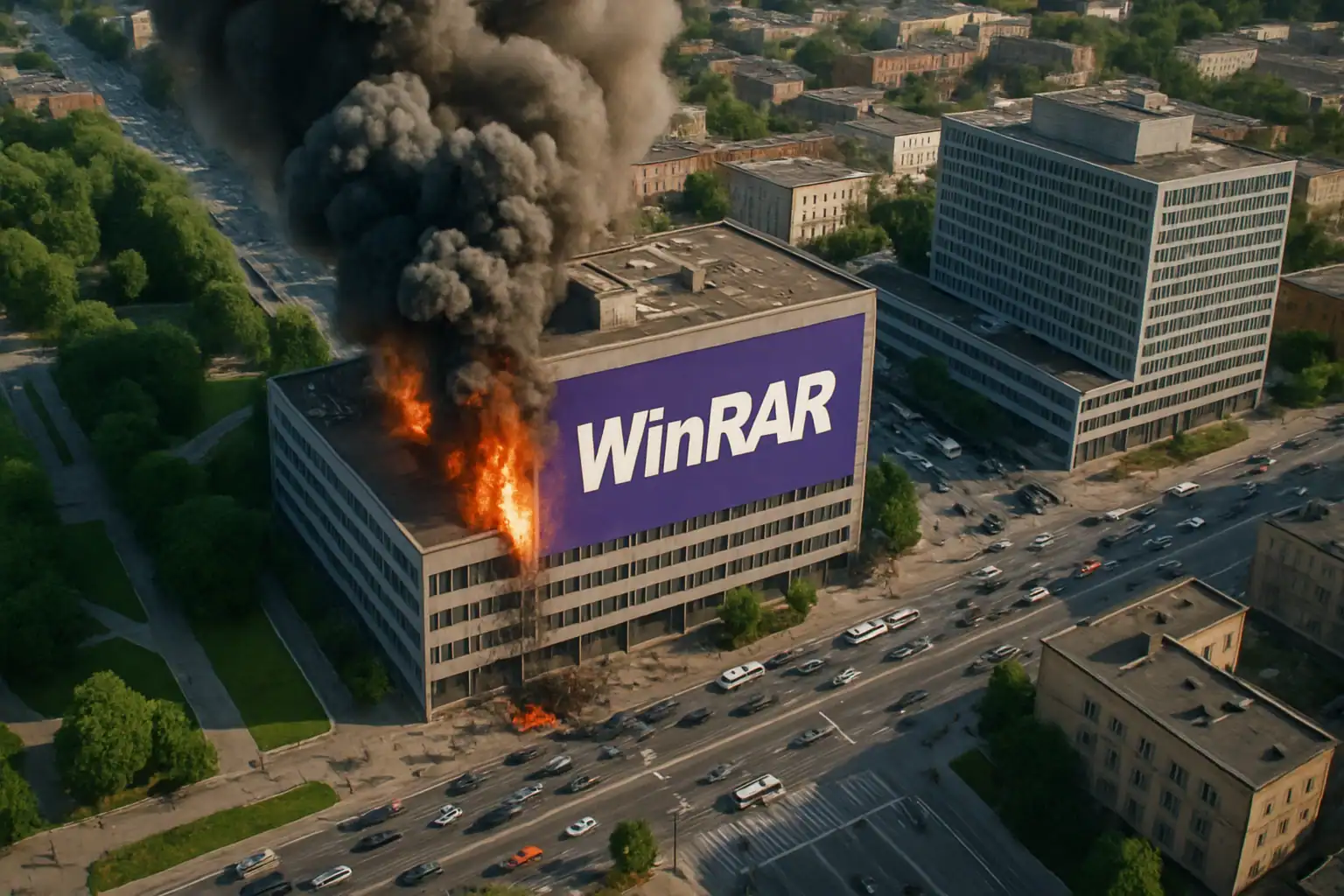 Палаюча будівля з великим логотипом WinRAR на фасаді.