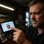 Hombre interactuando con una pantalla de Raspberry Pi en un entorno tecnológico.