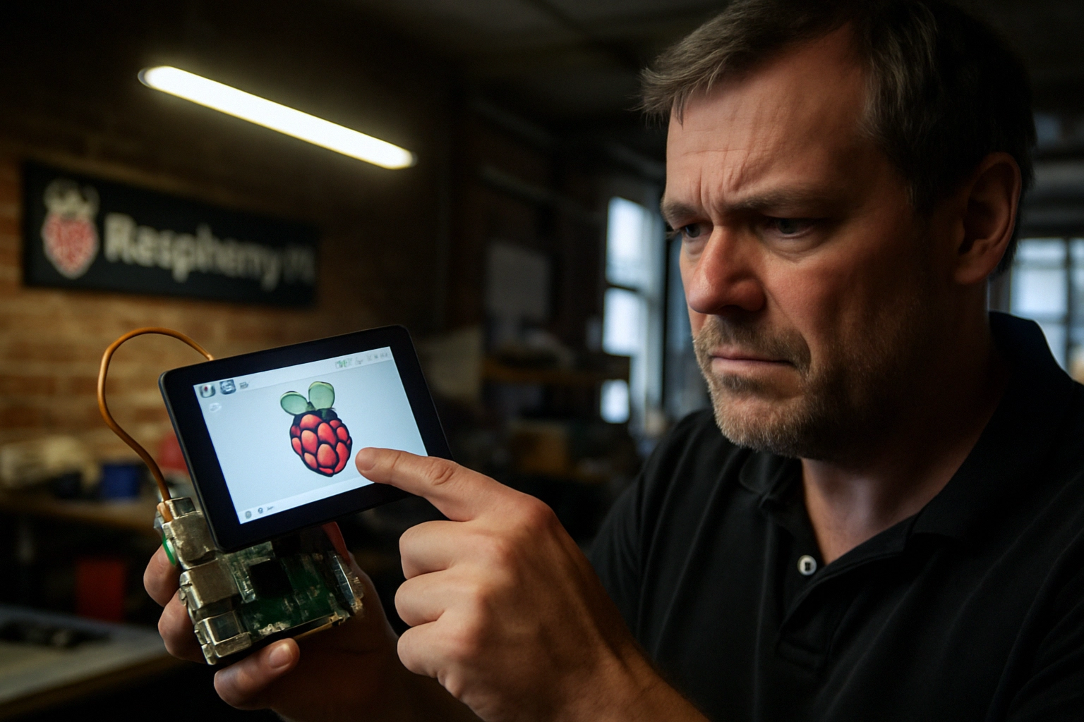 Raspberry Pi Touch Display 2 de 5": Nueva Era en Dispositivos IoT Seguros Hombre interactuando con una pantalla de Raspberry Pi en un entorno tecnológico.