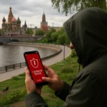 Persona con sudadera revisando su teléfono frente a un paisaje urbano.