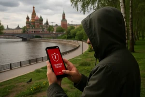 LunaSpy Trojaner: Neue Spionage-Malware bedroht Android-Nutzer in Russland Person in Kapuzenjacke, hält Smartphone mit Warnung vor Cybergefahren.