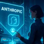 Frau mit Kurzhaarschnitt interagiert mit holografischem Display in futuristischer Umgebung.