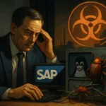 Чоловік у костюмі за комп'ютером з логотипом SAP, на екрані - пінгвін і жук.