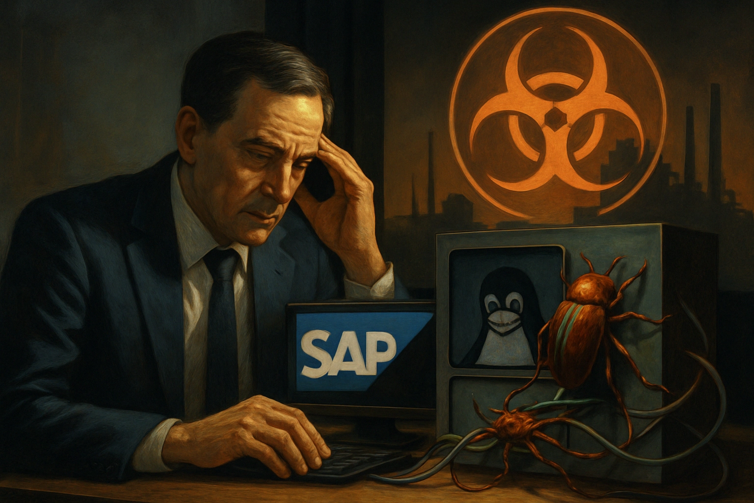 Чоловік у костюмі за комп'ютером з логотипом SAP, на екрані - пінгвін і жук.