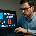 Mann mit Brille betrachtet ernsthaft ein Laptop-Display mit einem Update-Hinweis.