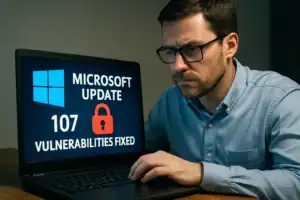 Microsoft August 2025 Security Update: Critical Kerberos Zero-Day Among 107 Vulnerabilities Fixed Man focused on laptop screen displaying Microsoft update details.