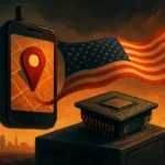 Smartphone zeigt Standortmarkierung vor amerikanischer Flagge und Stadtlandschaft.
