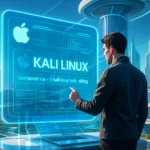 Человек взаимодействует с голографическим интерфейсом на фоне футуристического города.