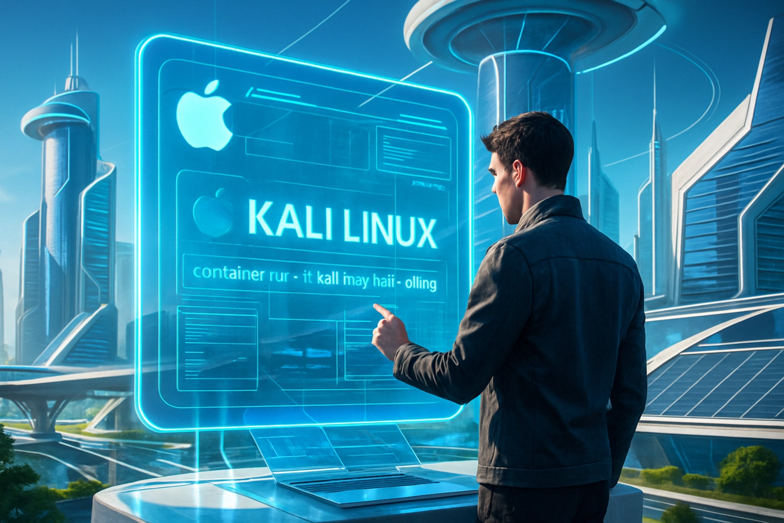 Kali Linux auf macOS Sequoia: Apples neue Containerisierung revolutioniert Penetration Testing Mann interagiert mit holographischer Benutzeroberfläche von Kali Linux in futuristischer Stadt.