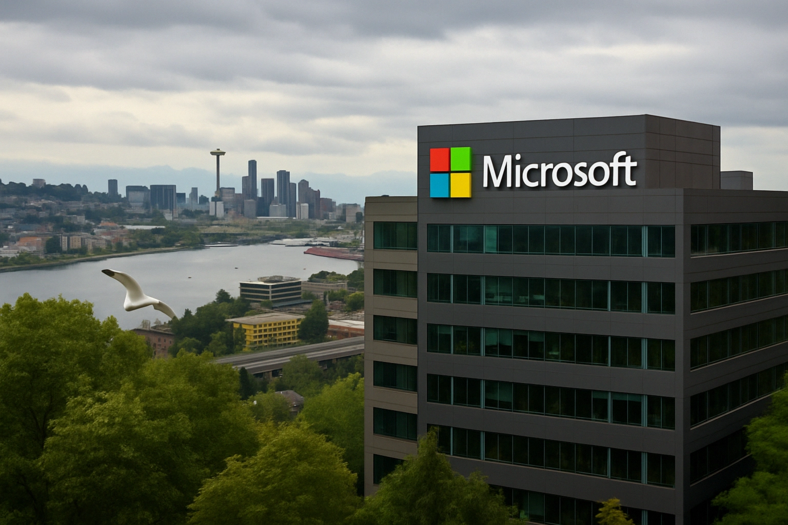 Будівля Microsoft з видом на місто та озеро під хмарним небом.