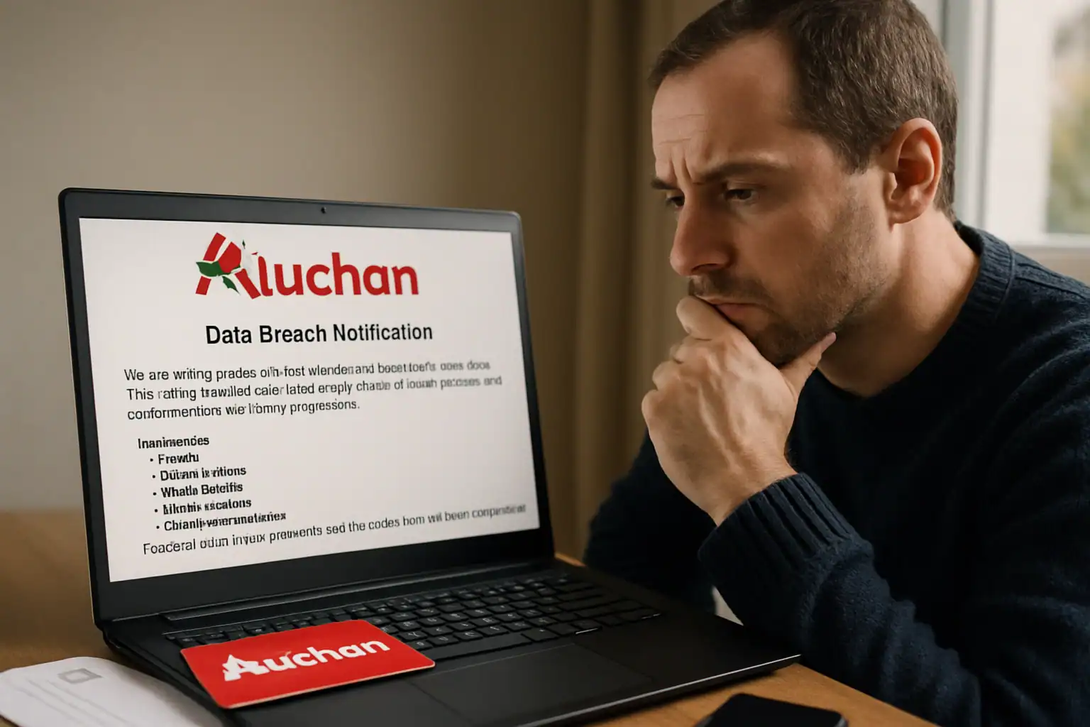 Мужчина задумчиво рассматривает экран с уведомлением о сбое данных от Auchan.