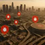 Skyline von Los Angeles mit Markierungen für Schädlinge in der Stadt.