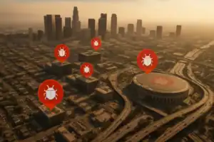 Efimer Trojan Campaign: Multi-Vector Malware Threat Targeting Crypto Users and Businesses Aerial view of a city skyline with bug icons marking various locations.