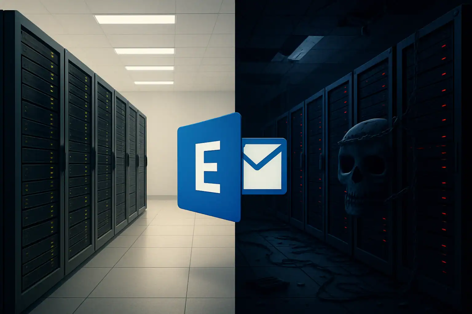 Критична уразливість CVE-2025-53786 загрожує 29 тисячам серверів Exchange по всьому світу Гарний контраст між сучасним сервером та темною, загрозливою атмосферою.