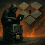 Hacker sentado frente a una laptop en un entorno oscuro y amenazante.