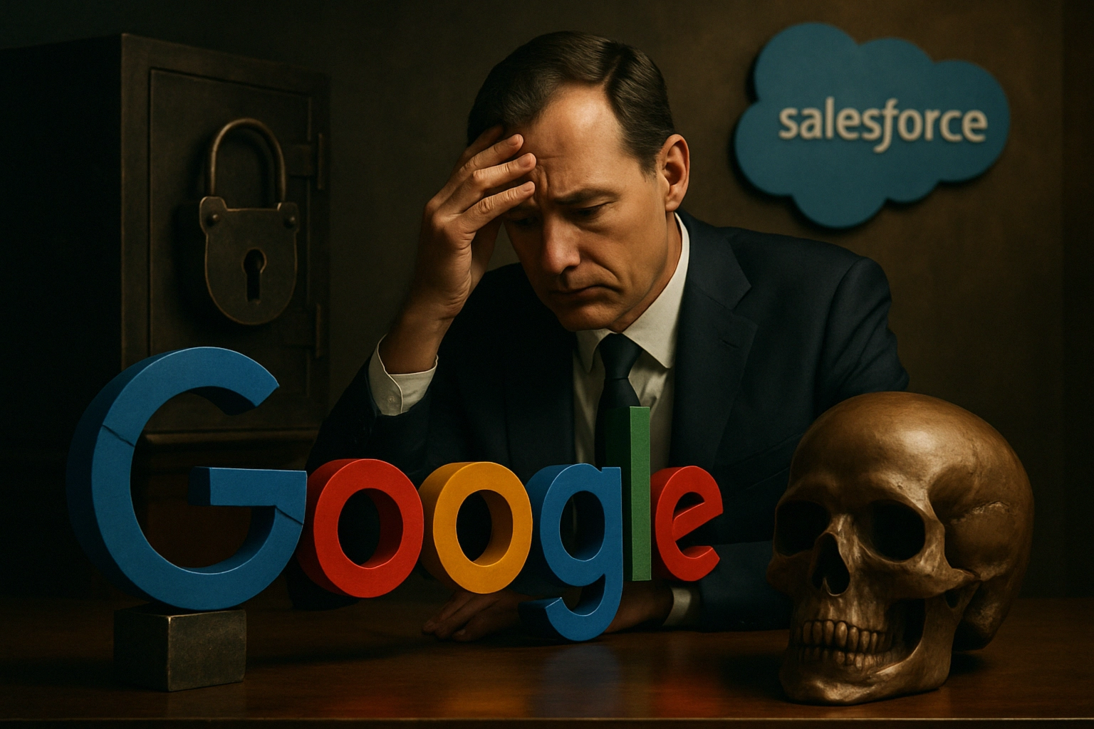 Человек в костюме сидит за столом с логотипами Google и Salesforce.