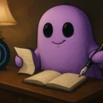 Ghostly writer at a desk creating a cybersecurity report in Ghostwriter
