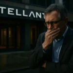 Hombre pensativo frente a una oficina con el logo de Stellantis.