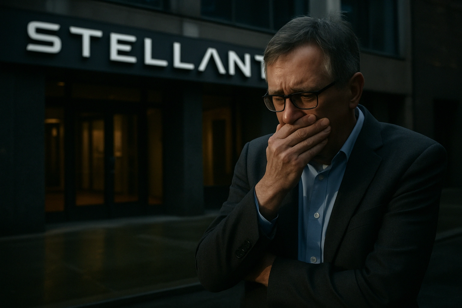 ** Concerned man standing outside a building with "STELLANT" sign, deep in thought.