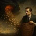 Man in a suit holds a shield against cascading data from a dark cloud.