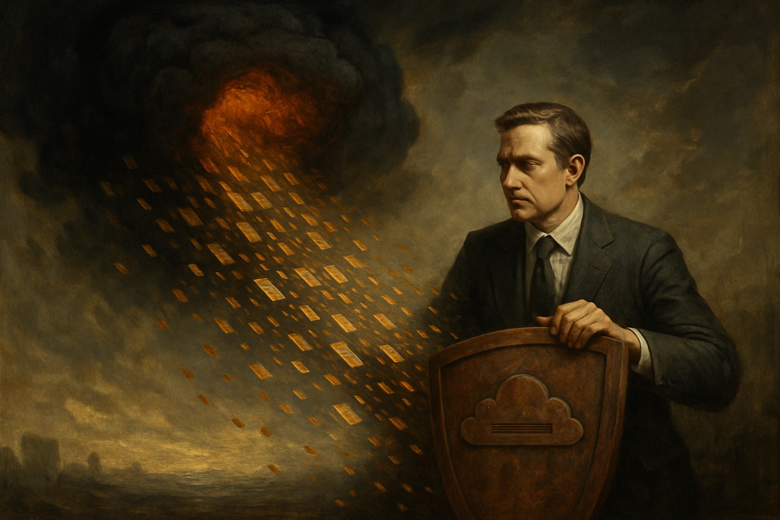 Man in a suit holds a shield against cascading data from a dark cloud.